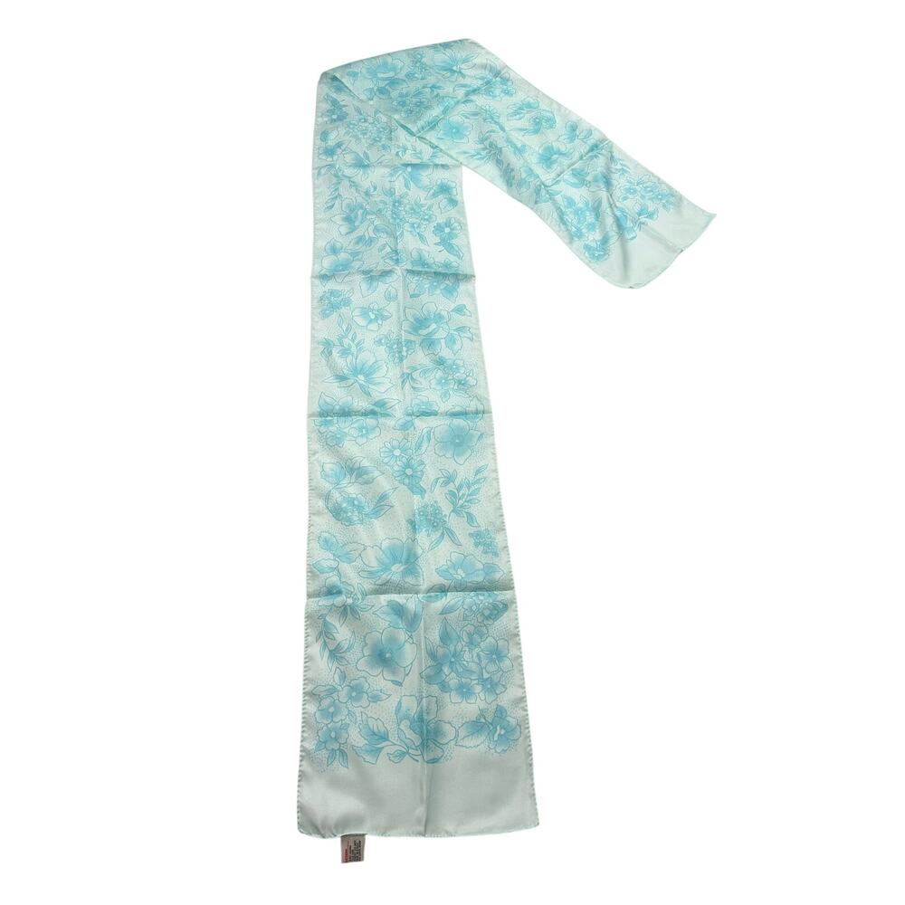 VTG blue floral print long scarf. 9 x 64. headscarf. vintage. 1960s. 1970s